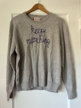 Lingua Franca “Keep Marching” 100% Cashmere Embroidered Crewneck Sweater - Gray